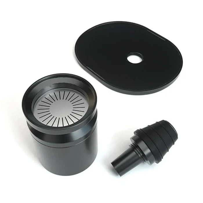 Top-down view of the disassembled Studenglass Gravity Hookah V2, showing its black components arranged on a white surface.