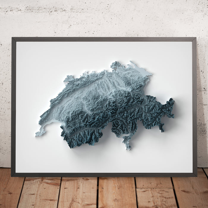 A framed image of a 3D style topographic relief map ofSwitzerland