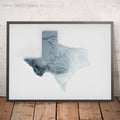 A framed image of a 3D style topographic relief map ofTexas