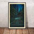 A framed image of The Golden Hall at Chuson-ji Temple in Hiraizumi by Hasui Kawase 1935