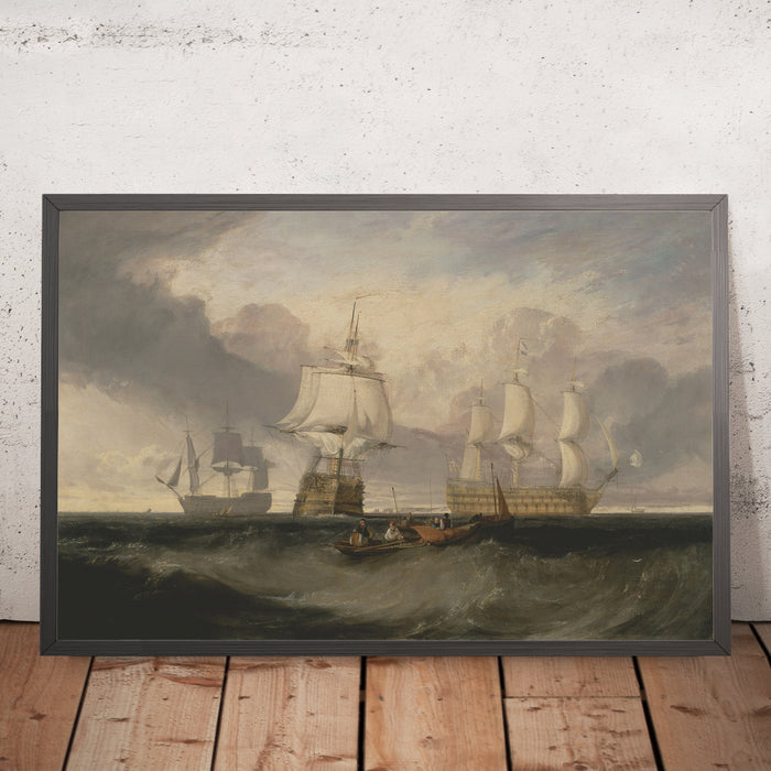A framed image of The Victory Returning from Trafalgar, in Three Positions (Turner) by JMW Turner, 1806