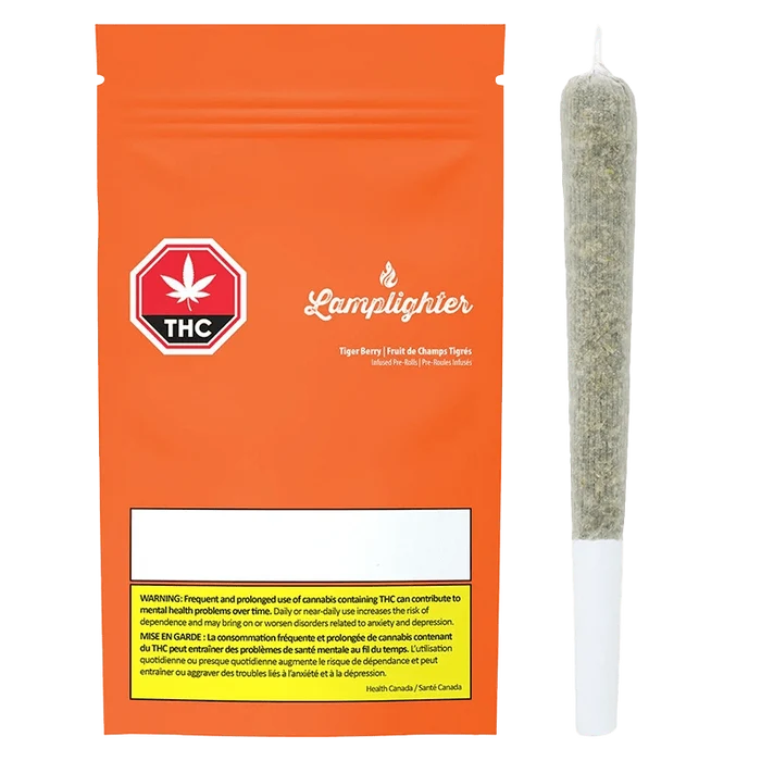 Front view of the Tiger Berry Infused Pre Rolled 3 x 0.5 g packaging with a warning symbol and French text on a white background.