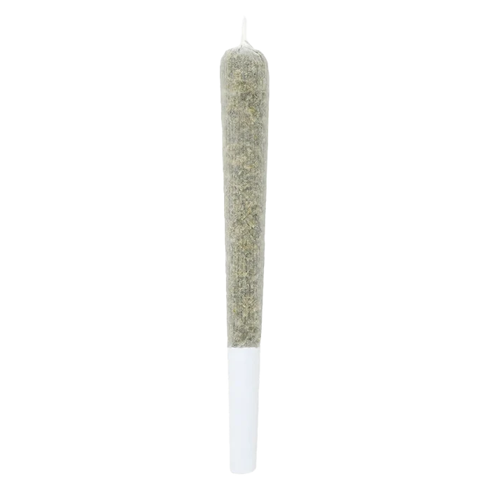 A front view of the Tiger Berry Infused Pre Rolled 3 x 0.5 g, displaying a cylindrical, rolled, green and white joint.