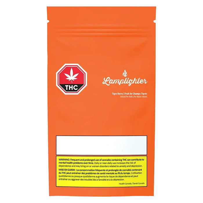 Tiger Berry Infused Pre Rolled 3 x 0.5 g packaging features a warning about risks, with bold red text on a white background.