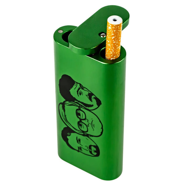 The green TPB Dugout is shown in a close-up, highlighting its rectangular shape and a partially smoked cigarette inserted into the top.