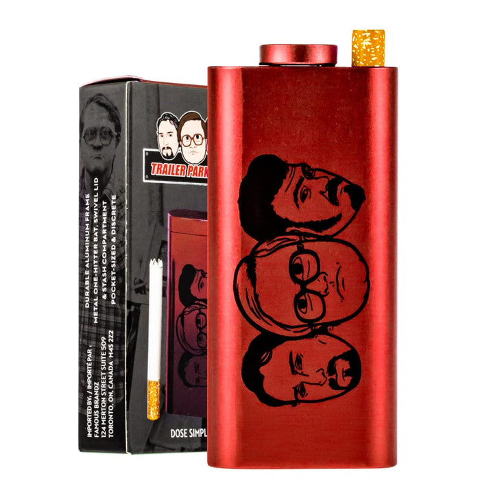 Front view of the red TPB Dugout, displaying branded packaging with a portrait-style graphic, angled slightly to the right.