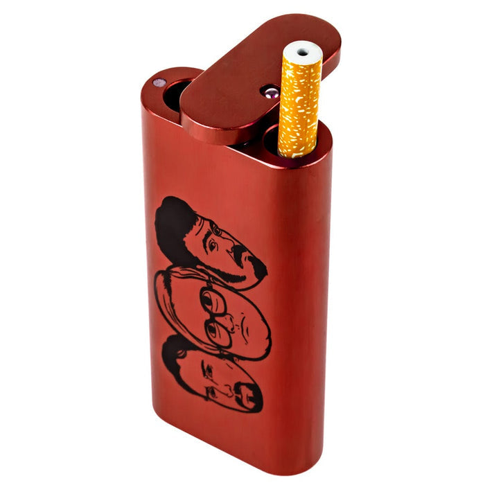 The red TPB Dugout is shown from a slightly angled, top-down view with a lit cigarette partially inserted.