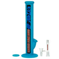 Straight-on view of the tall blue TPB Silibong Bubbles-Blue silicone tube standing upright with a vertical black photo strip and "TRAILER PARK BOYS" text, shown with a small glass downstem, bowl, and silicone cap on a white background.