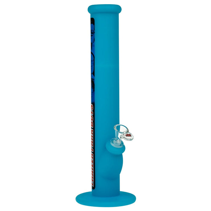 Tall front view of the bright blue TPB Silibong Bubbles-Blue tube with a clear glass bowl and round base on a white background