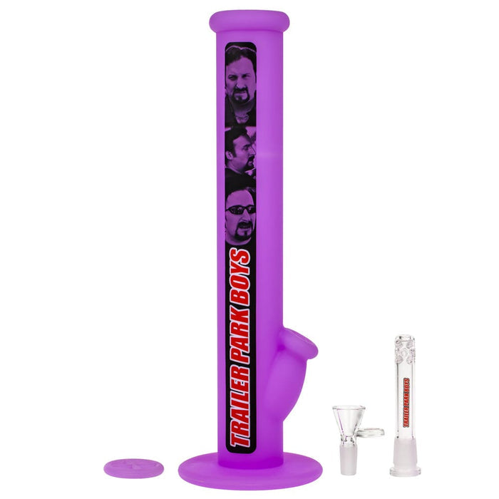 Straight-on view of the tall TPB Silibong Julian-Purple with a vertical Trailer Park Boys decal and clear bowl pieces at its base.
