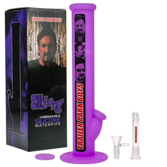 Front view of the purple TPB Silibong Julian-Purple standing upright with its boxed packaging and glass accessories on a white background.