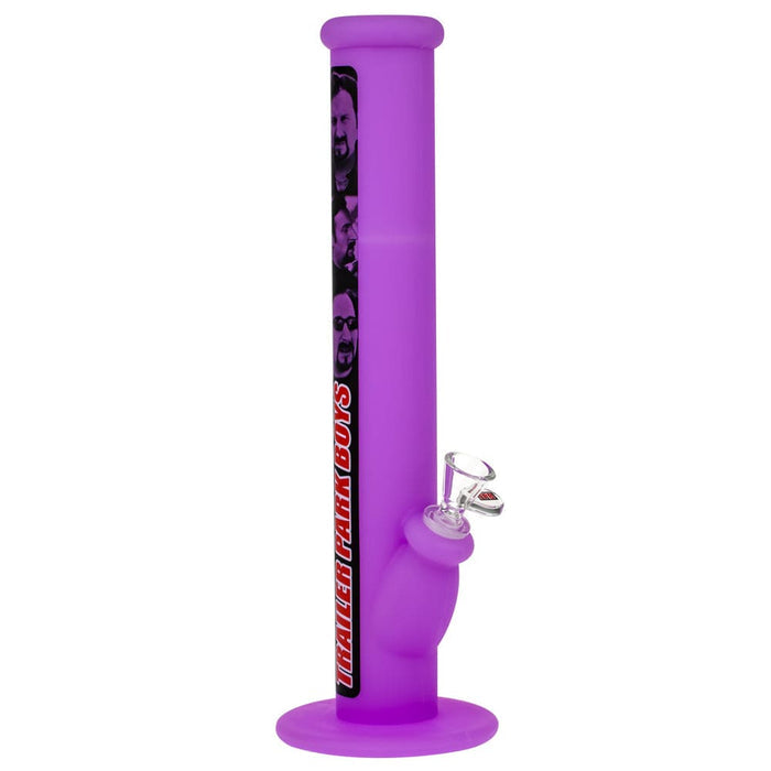 Front view of a tall purple TPB Silibong Julian-Purple standing on a white background with a clear glass bowl and a vertical black-and-red graphic strip.