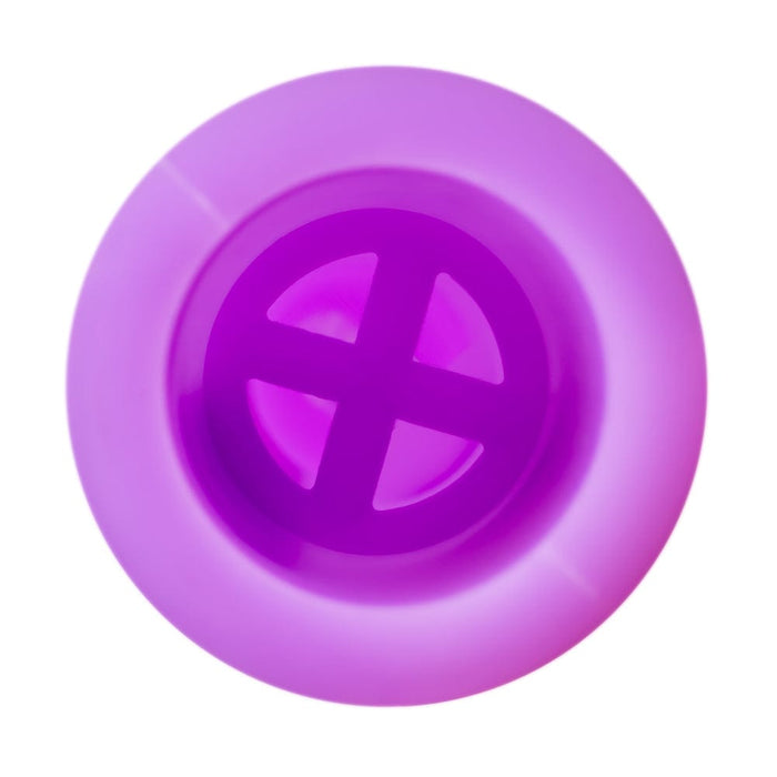Top-down view of a purple circular stopper with cross-shaped openings, the TPB Silibong Julian-Purple centered on a white background