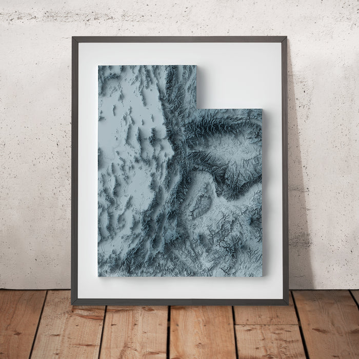 A framed image of a 3D style topographic relief map ofUtah