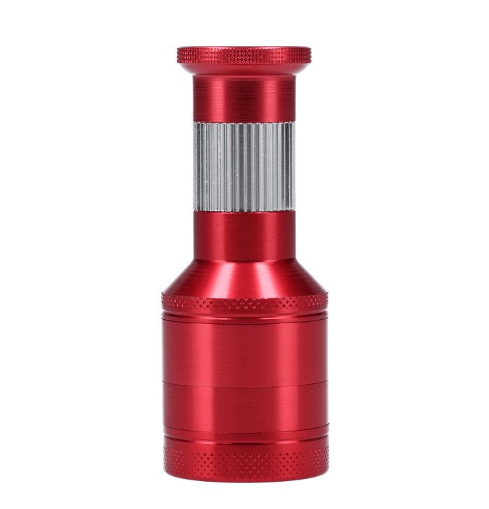 A front view of the 62mm Valiant Aluminum Grinder withPollen Press, showcasing its metallic texture and cylindrical shape against a plain background.