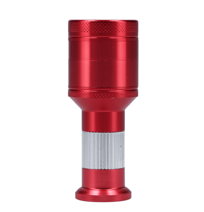 Front view of the Valiant Aluminum Grinder withPollen Press, a metallic silver and red cylindrical grinder with visible threading.