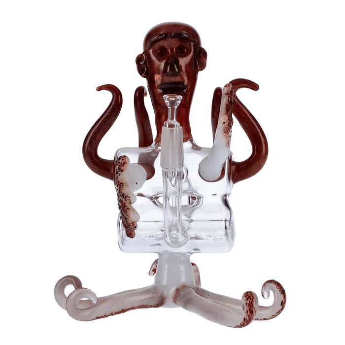 A front view of the Valiant Area 51 Frit Glass Recycler Dab Rig, showing colorful frit accents on the clear glass arms.
