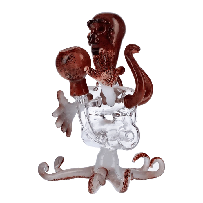A detailed side view of the Valiant Area 51 Frit Glass Recycler Dab Rig featuring colorful frit patterns on the clear glass.