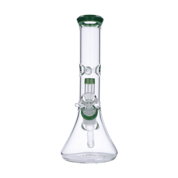 A front view of the 11-inch Valiant Beaker Water Pipe with Honeycomb Perc in jade glass, showing its classic beaker shape.