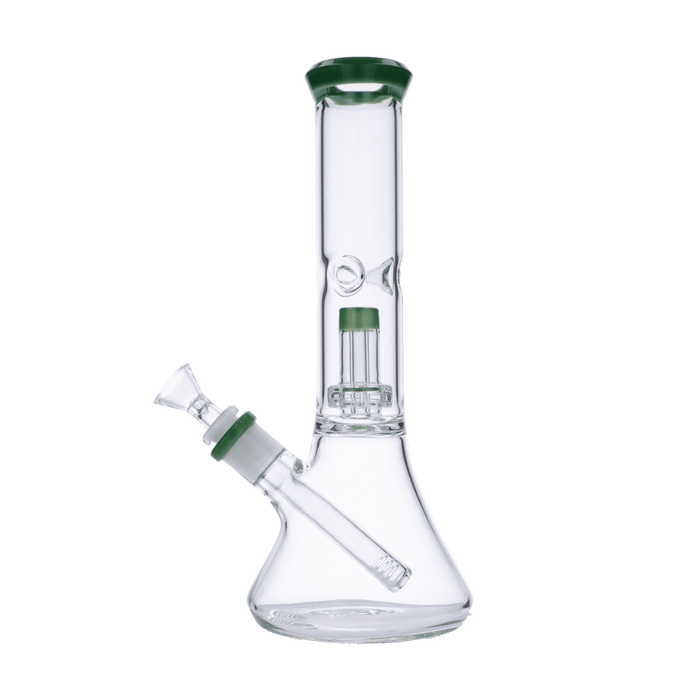Front view of the 11-inch Valiant Beaker Water Pipe with honeycomb perc, showing the clear glass construction and jade accents.