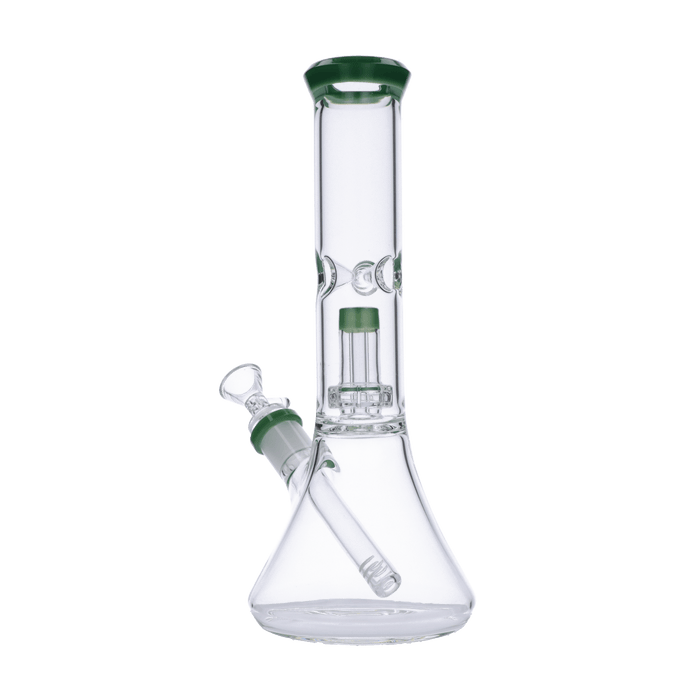 A front view of the 11-inch Valiant Beaker Water Pipe with Honeycomb Perc, showcasing the jade accents and classic beaker shape.