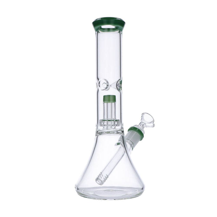 Front view of the 11-inch Valiant Beaker Water Pipe with Honeycomb Perc in jade glass, showcasing its clear construction.