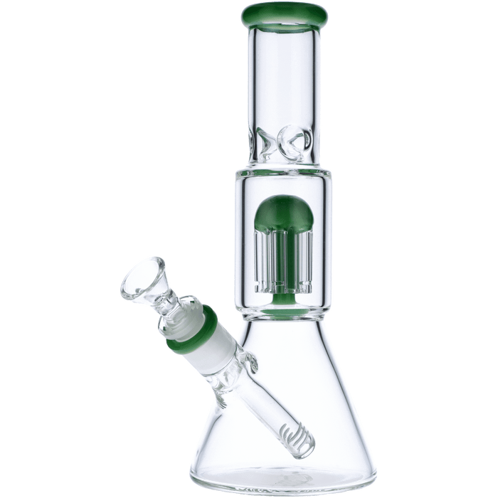 Front view of the 10-inch Valiant Beaker Water Pipe with Tree Perc in jade glass, showcasing its cylindrical shape and perc diffusion.