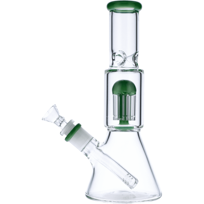A side view of the 10-inch Valiant Beaker Water Pipe with Tree Perc in jade, highlighting its glass construction and perc diffuser.