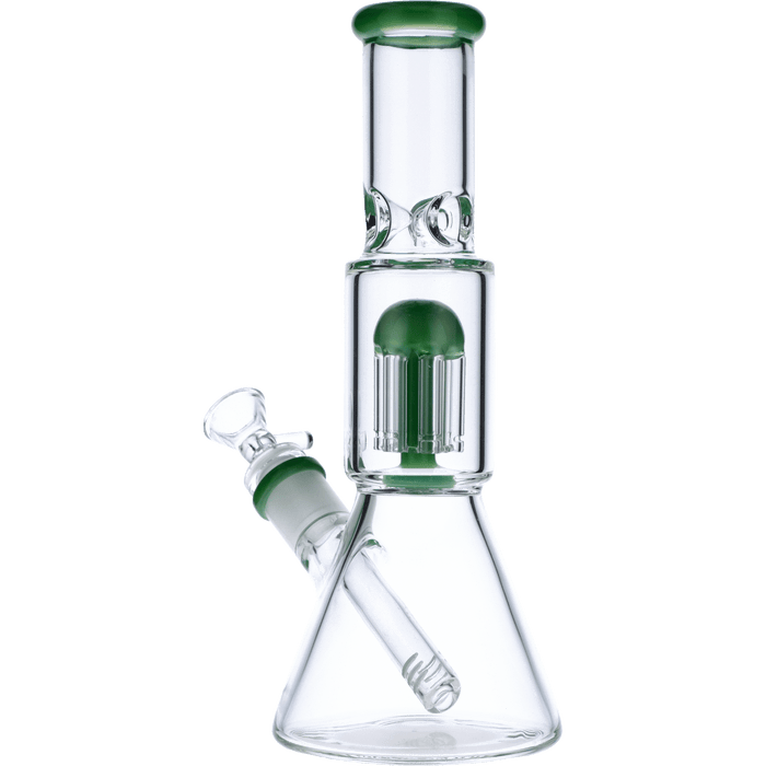 A straight-on view of the 10-inch Valiant Beaker Water Pipe with Tree Perc in jade glass, showcasing its simple beaker shape.