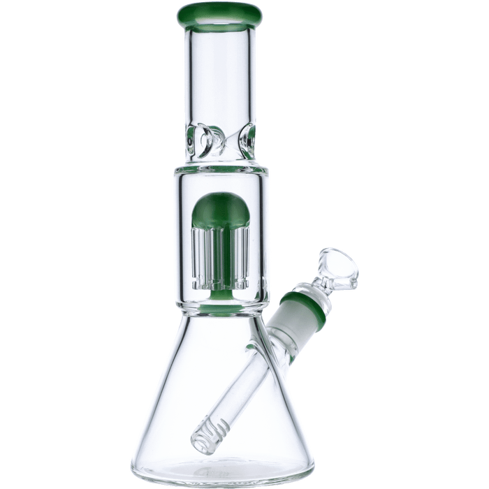 Front view of the 10-inch Valiant Beaker Water Pipe with Tree Perc in jade, showcasing its simple beaker shape and clear glass construction.