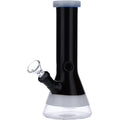 Front view of the 8-inch Valiant Beaker Water Pipe with white rings, showcasing its black glass construction and classic beaker shape.
