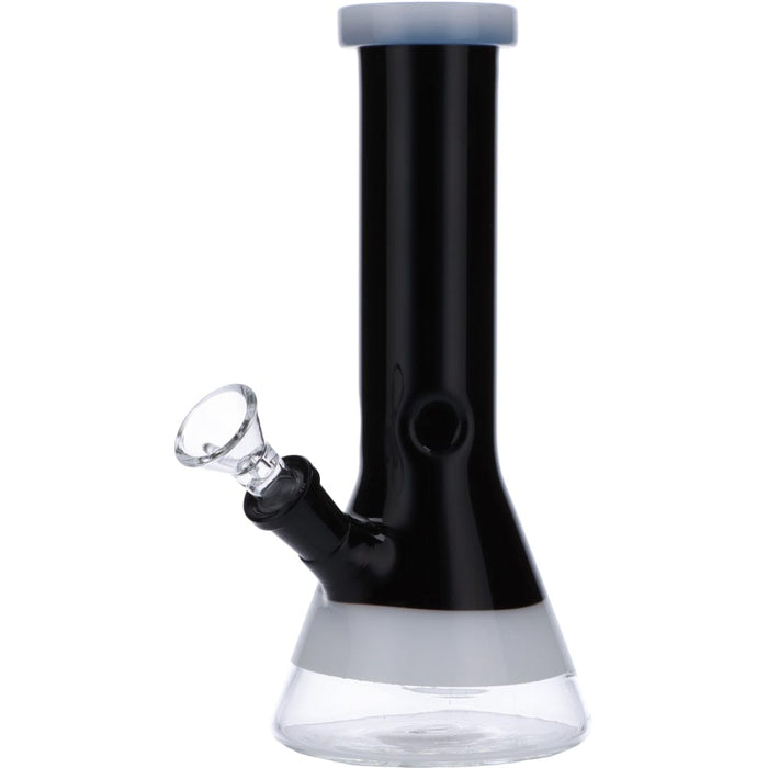 Front view of the 8-inch Valiant Beaker Water Pipe with white rings, showcasing its black glass construction and classic beaker shape.