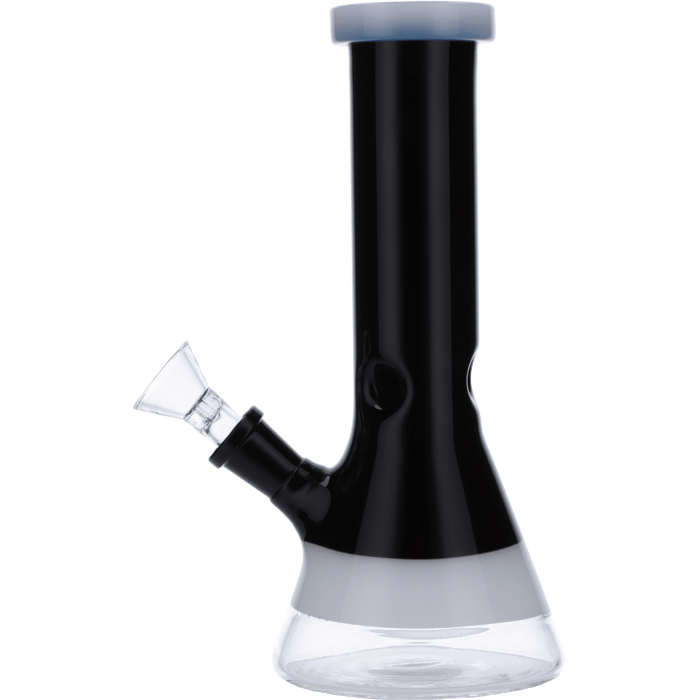 Front view of the 8-inch Valiant Beaker Water Pipe, featuring black glass with distinct white rings around the neck.
