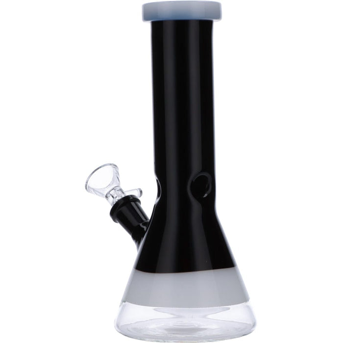 Front view of the 8-inch Valiant Beaker Water Pipe with white rings, displaying a sleek black glass design.