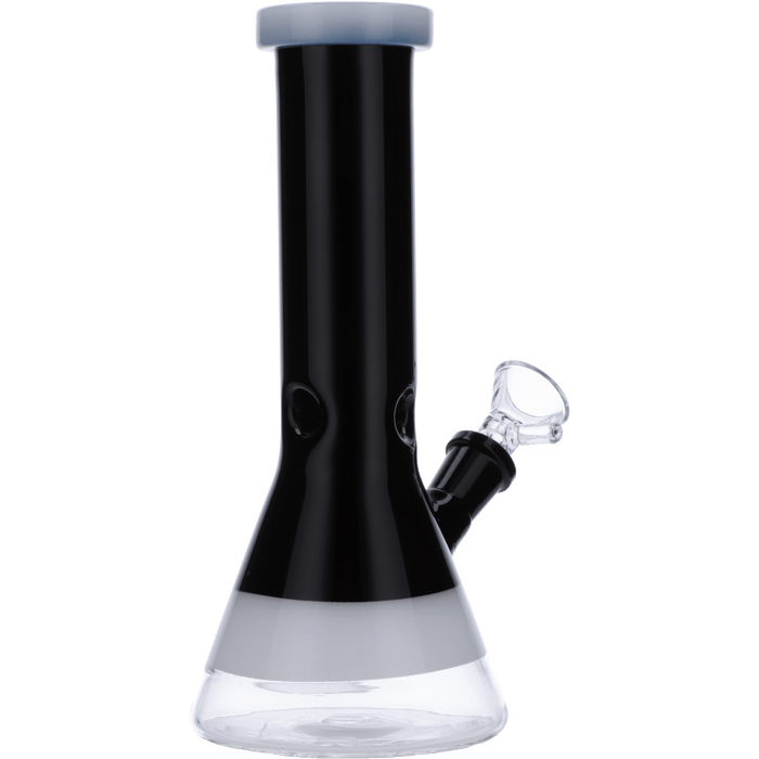 Front view of the 8-inch Valiant Beaker Water Pipe with white rings, showcasing its black glass construction.