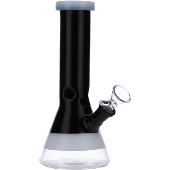 Front view of the 8-inch Valiant Beaker Water Pipe with white rings, showcasing its black glass construction.