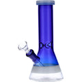 Front view of the 8-inch Valiant Beaker Water Pipe, showcasing its blue glass and white ring accents.