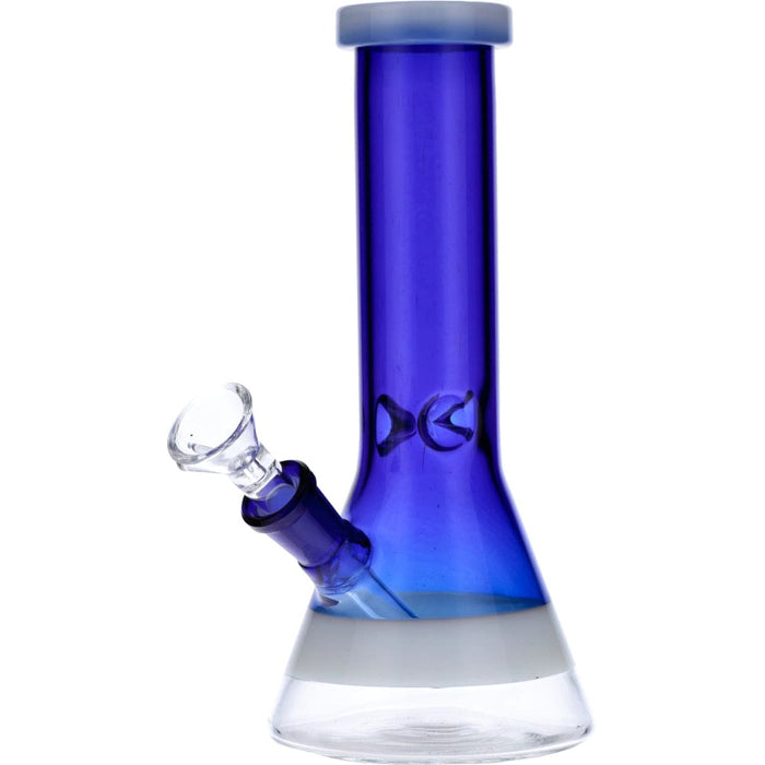 Front view of the 8-inch Valiant Beaker Water Pipe, showcasing its blue glass and white ring accents.