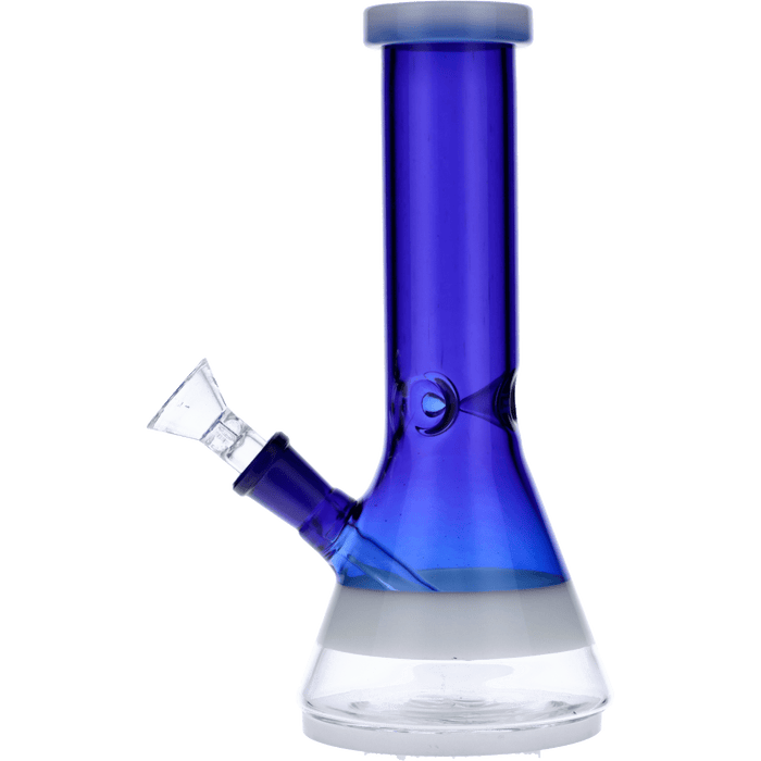 Front view of the 8-inch Valiant Beaker Water Pipe, featuring blue glass with white rings and a classic beaker shape.