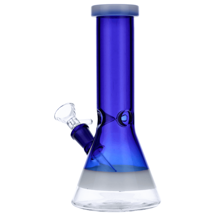 Front view of the 8-inch Valiant Beaker Water Pipe with white rings, showcasing its blue glass construction and classic beaker shape.