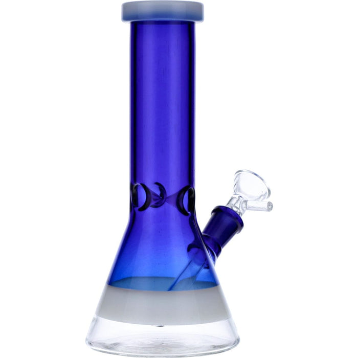 Front view of the 8-inch Valiant Beaker Water Pipe with white rings, displaying its blue glass construction and simple beaker shape.