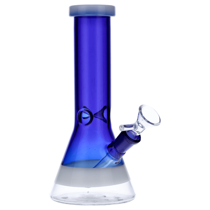 A front view of the 8-inch Valiant Beaker Water Pipe, featuring blue glass with white rings and a simple, cylindrical shape.