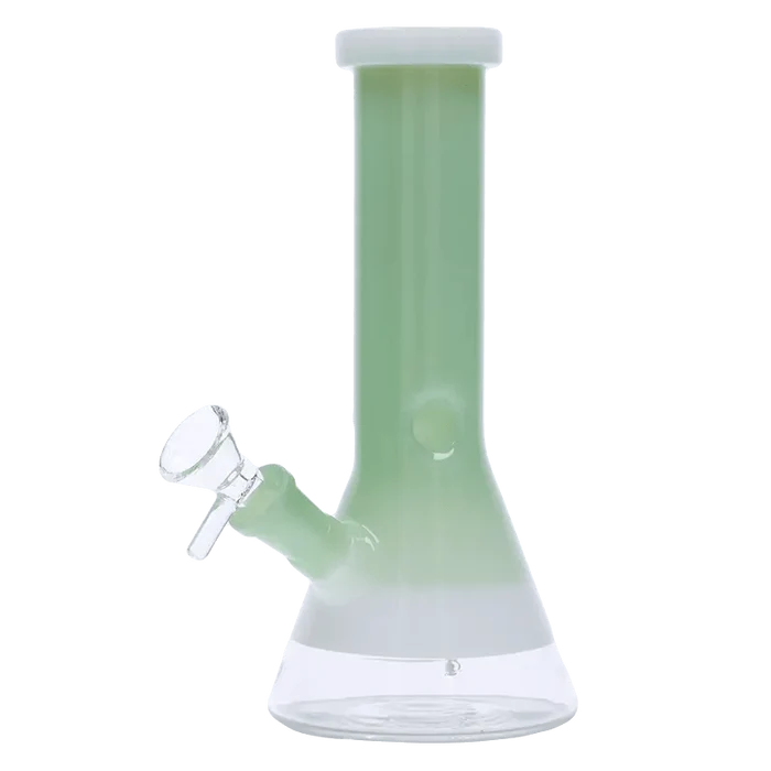 Front view of the 8-inch Valiant Beaker Water Pipe with white rings, showcasing the mint green glass construction.