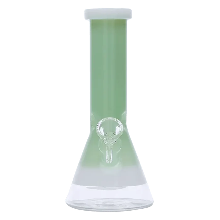 Front view of the 8-inch Valiant Beaker Water Pipe with white rings, featuring a mint green glass construction.