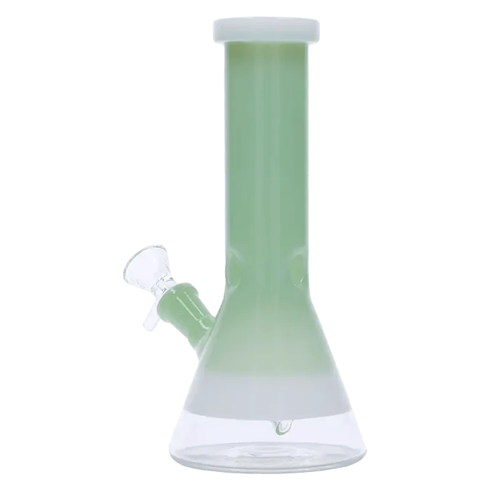 A front view of the 8-inch Valiant Beaker Water Pipe with white rings, showcasing its mint green glass construction.