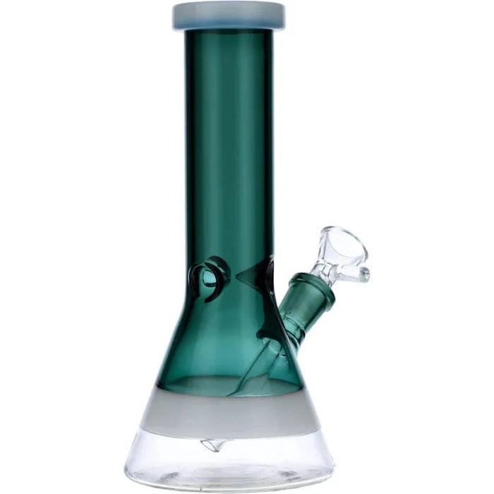 A straight-on view of the 8-inch Valiant Beaker Water Pipe, featuring teal glass with white rings encircling the base.