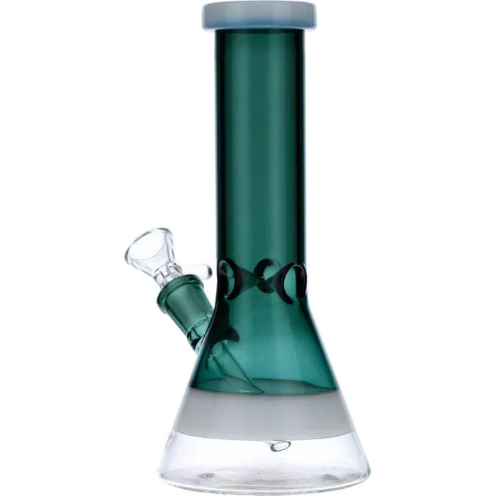 Front view of the 8-inch Valiant Beaker Water Pipe with white rings, showing the teal glass and simple beaker shape.
