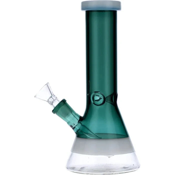 Front view of the 8-inch Valiant Beaker Water Pipe with white rings, showcasing its teal glass construction.