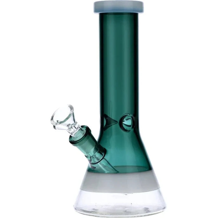 Front view of the 8-inch Valiant Beaker Water Pipe with white rings, showcasing the teal glass and classic beaker shape.