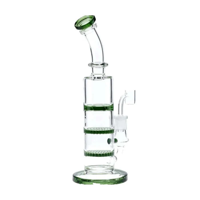 Front view of the 9.5-inch Valiant Bent Neck Dab Rig, featuring green glass and a triple honeycomb perc.